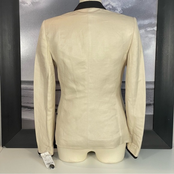 EUC Mango MNG Tan W/ Black Trim Linen Blend One Button Blazer Jacket Sz 6 - Picture 5 of 10